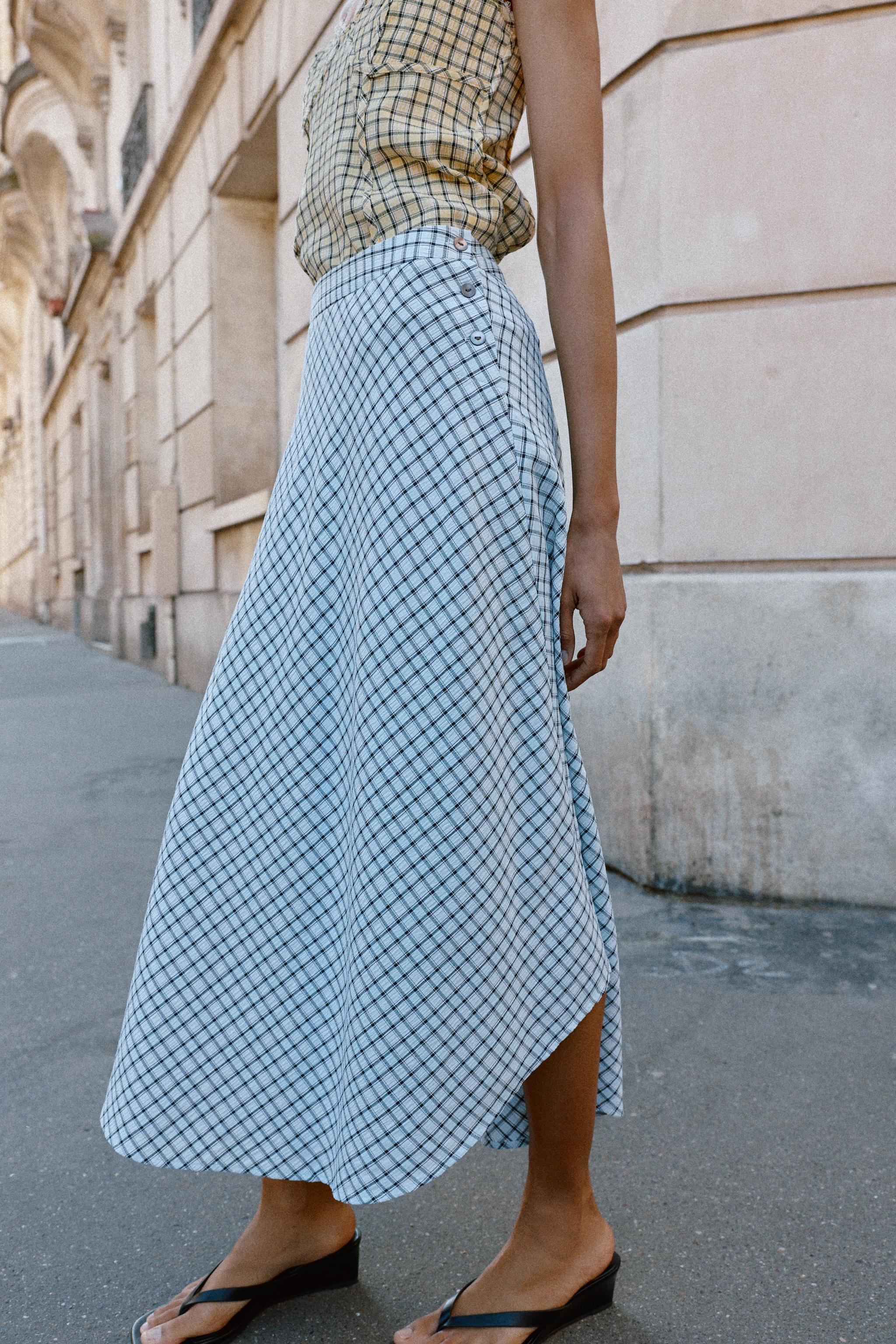 ASYMMETRIC PLAID MIDI SKIRT